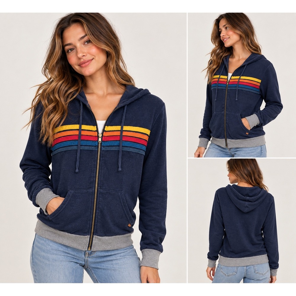 Aviator Nation Womens Navy Blue Rainbow Stripe Zip Up Hoodie Sweatshirt Small